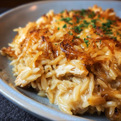 A plate of food with a French Onion Chicken Orzo Casserole.