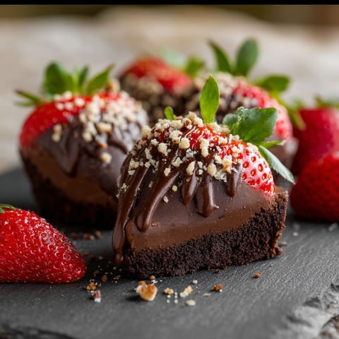 A chocolate dessert with strawberries on top.