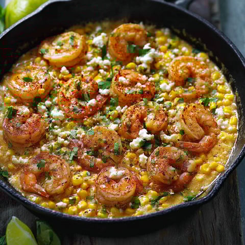 A pan of shrimp and corn.