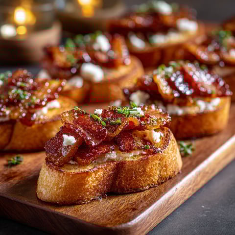 A plate of bacon crostini with cheese and herbs.