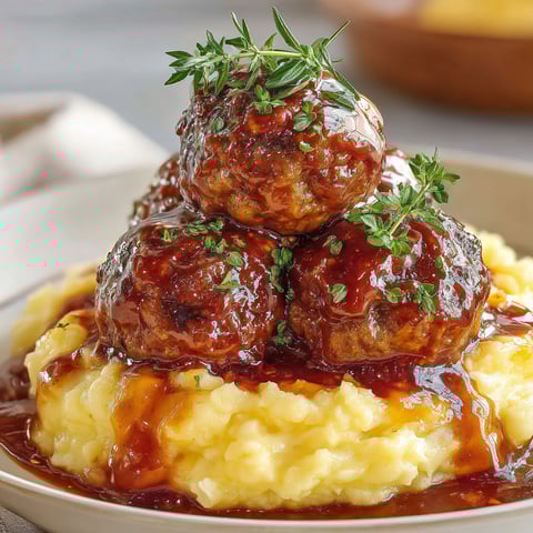 A plate of meatballs covered in gravy.