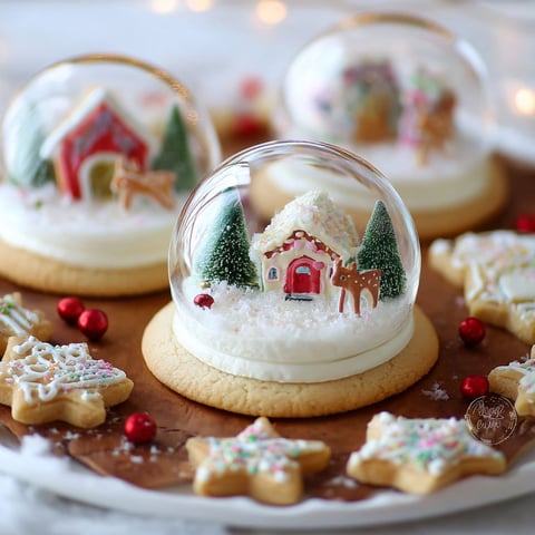 Snow globe cookies with a house and trees.