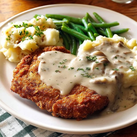 A plate of food with chicken fried steak and gravy.