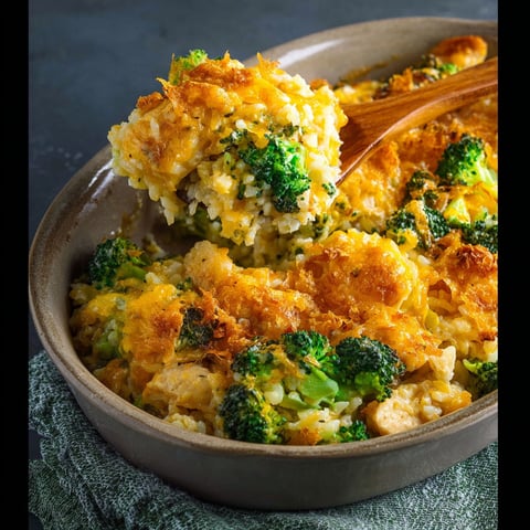 A bowl of chicken, broccoli and rice casserole.
