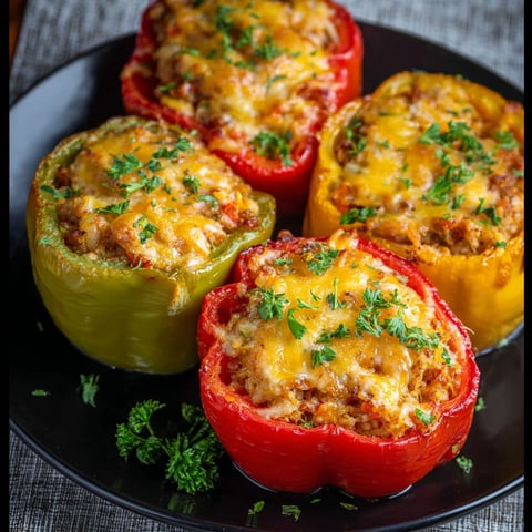 Four stuffed bell peppers on a plate.