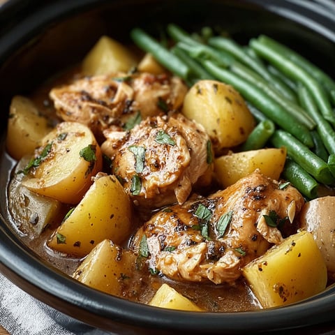 A bowl of chicken and potatoes with green beans.