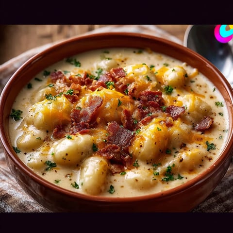 A bowl of soup with bacon and cheddar cheese.
