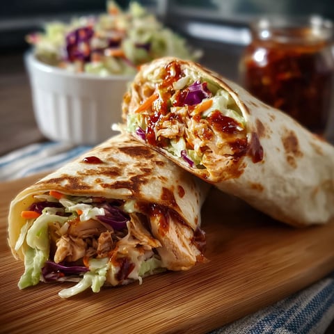 A BBQ chicken coleslaw wrap is displayed on a wooden cutting board.
