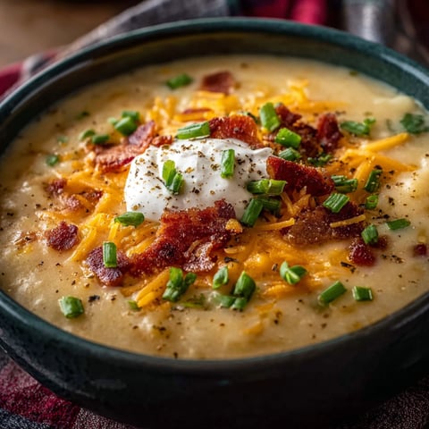 A bowl of soup with cheese and bacon on top.