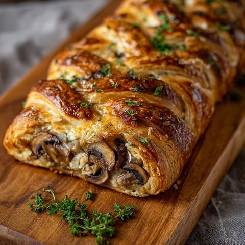 A loaf of bread with mushrooms on it.