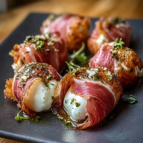 A plate of prosciutto wrapped mozzarella bites.