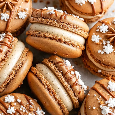 Gingerbread macarons dusted with white powdered sugar.