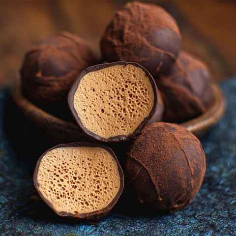 A bowl of chocolate truffles with holes in them.
