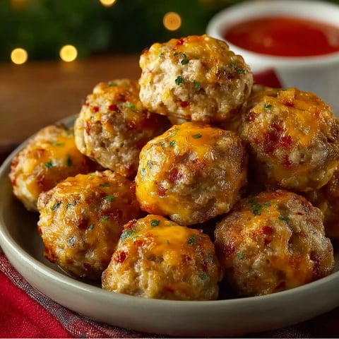 Sausage balls on a plate with sauce in a bowl.