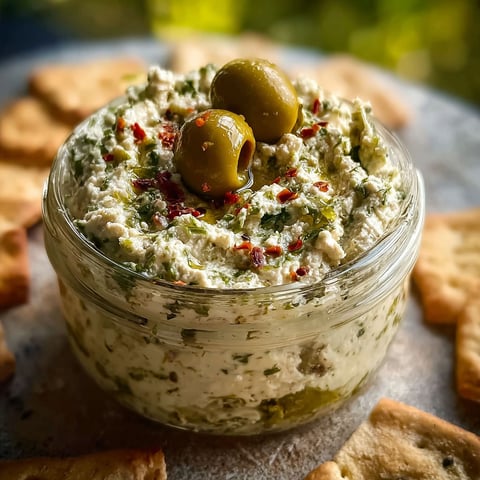 Jar full of creamy green olive and feta spread.