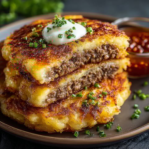 A stack of potato pancakes with savory beef and cheese.