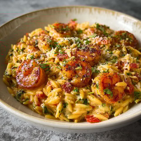 A bowl of Cajun Shrimp Pasta with Orzo.