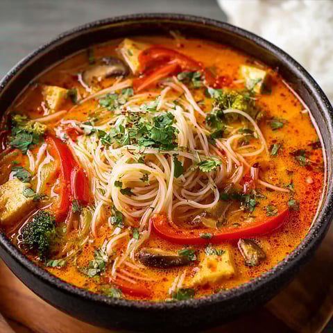 A bowl of Thai Red Curry Noodle Soup.