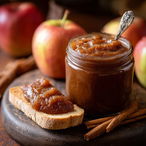 A jar of apple butter sits on a wooden table next to a slice of bread.