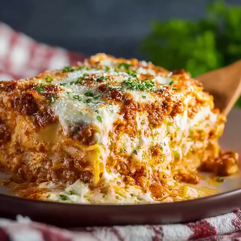 A plate of lasagna with a fork on the side.