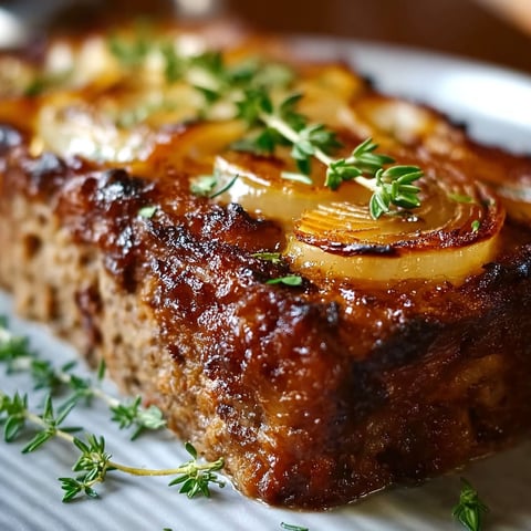 A piece of French Onion Meatloaf on a plate.