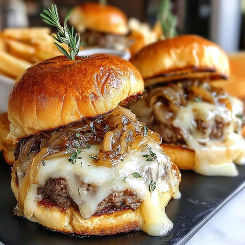 Two onion soup style burgers with cheese and onions.