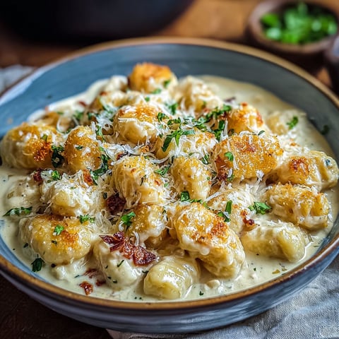 A bowl of creamy crack chicken gnocchi.