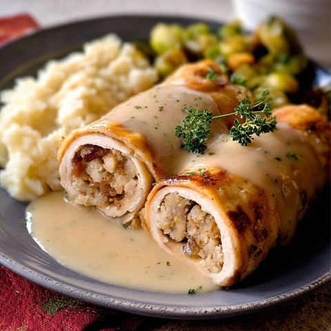 A plate of food with a turkey and stuffing roll up and gravy.