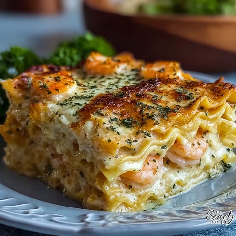 A plate of garlic butter shrimp scampi lasagna.