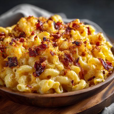 A bowl of smoky bacon mac & cheese.