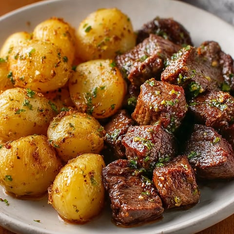 A plate of steak and potatoes.