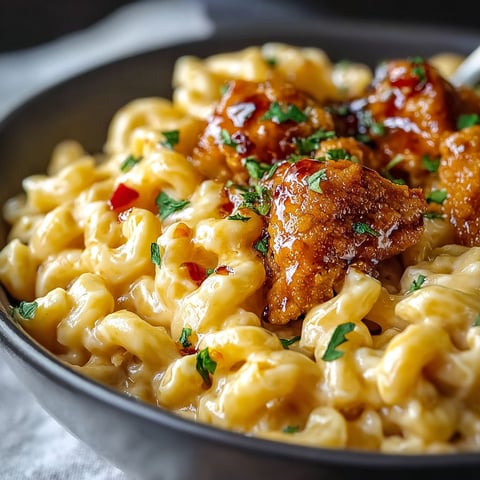 A bowl of honey pepper chicken mac and cheese.