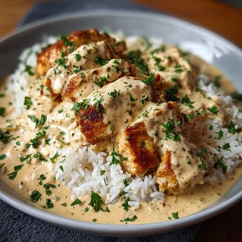 A bowl of rice and chicken with a creamy sauce.