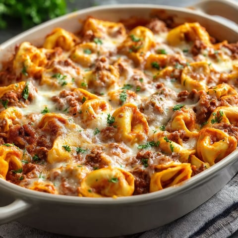 A delicious beefy tortellini bake is ready to be served for cozy nights.