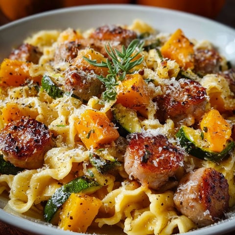A bowl of pasta with sausage and squash.