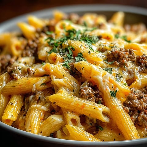 A bowl of pasta with cheese and meat.