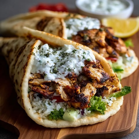 A gyro with rice, meat, and sauce.