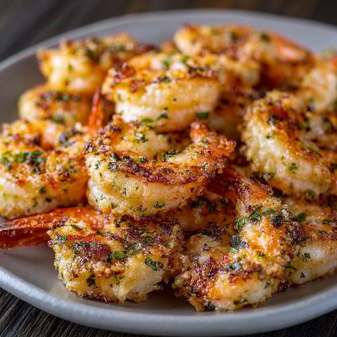A plate of garlic Parmesan roasted shrimp.
