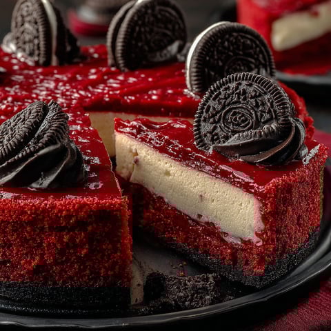 A slice of red velvet oreo cheesecake.