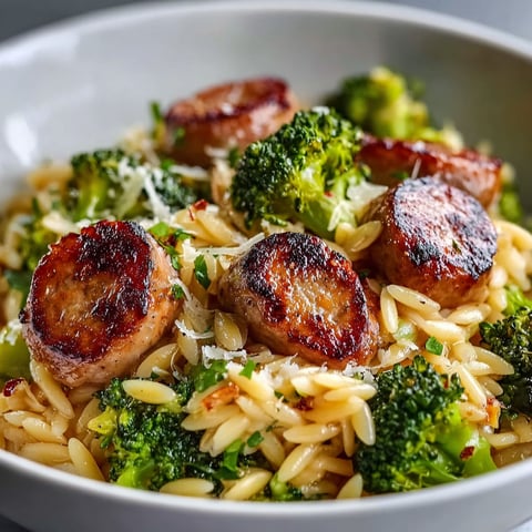 A delicious meal of chicken sausage and broccoli orzo.