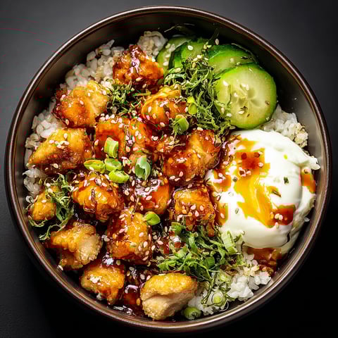 A bowl of hot honey chicken with rice and vegetables.