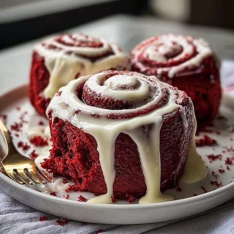 Three red velvet cinnamon rolls on a plate.
