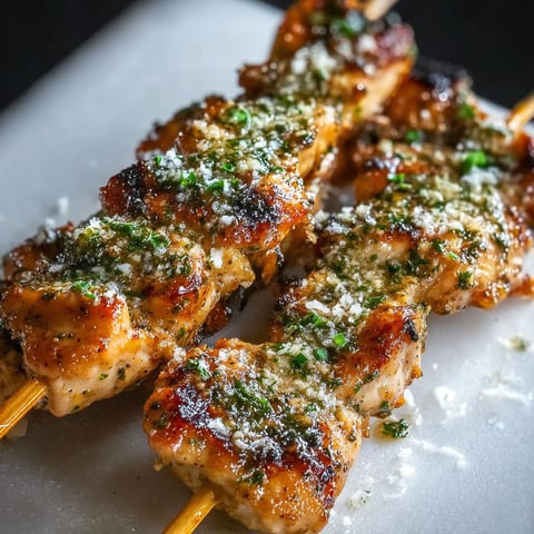 Chicken skewers with garlic and Parmesan cheese.