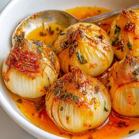 A bowl of onions with a spoon in it.