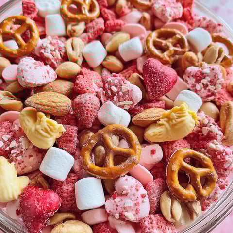 A bowl of Cupid Crunch Valentine's Day Trail Mix.
