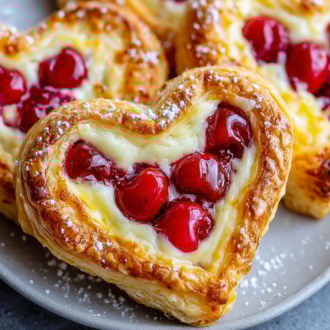 A heart shaped pastry with cherries and cheese.